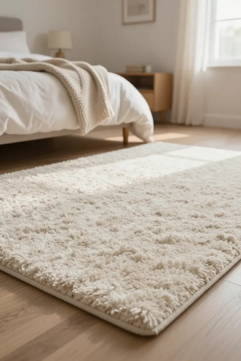A plush area rug in a cozy bedroom with soft bedding and warm lighting.