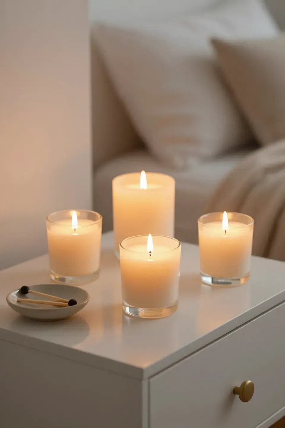 Scented candles arranged on a nightstand, creating a warm and relaxing atmosphere.