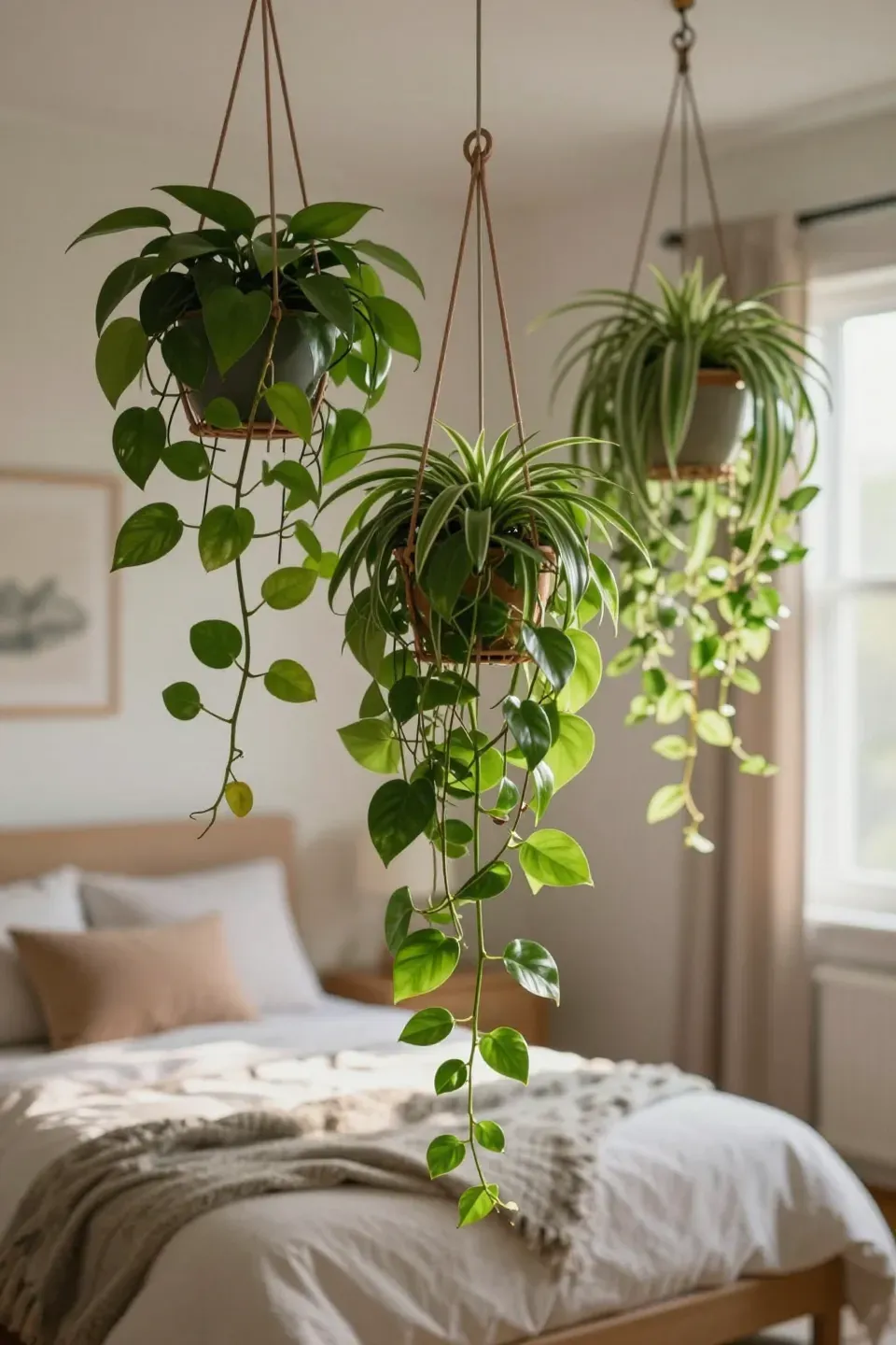 Hanging plants in a cozy bedroom, adding a touch of nature and freshness.
