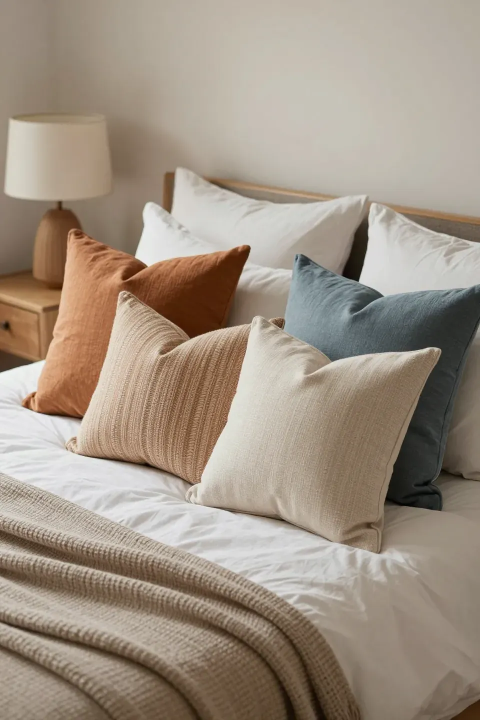 Seasonal throw pillows on a bed, enhancing the cozy and inviting atmosphere.