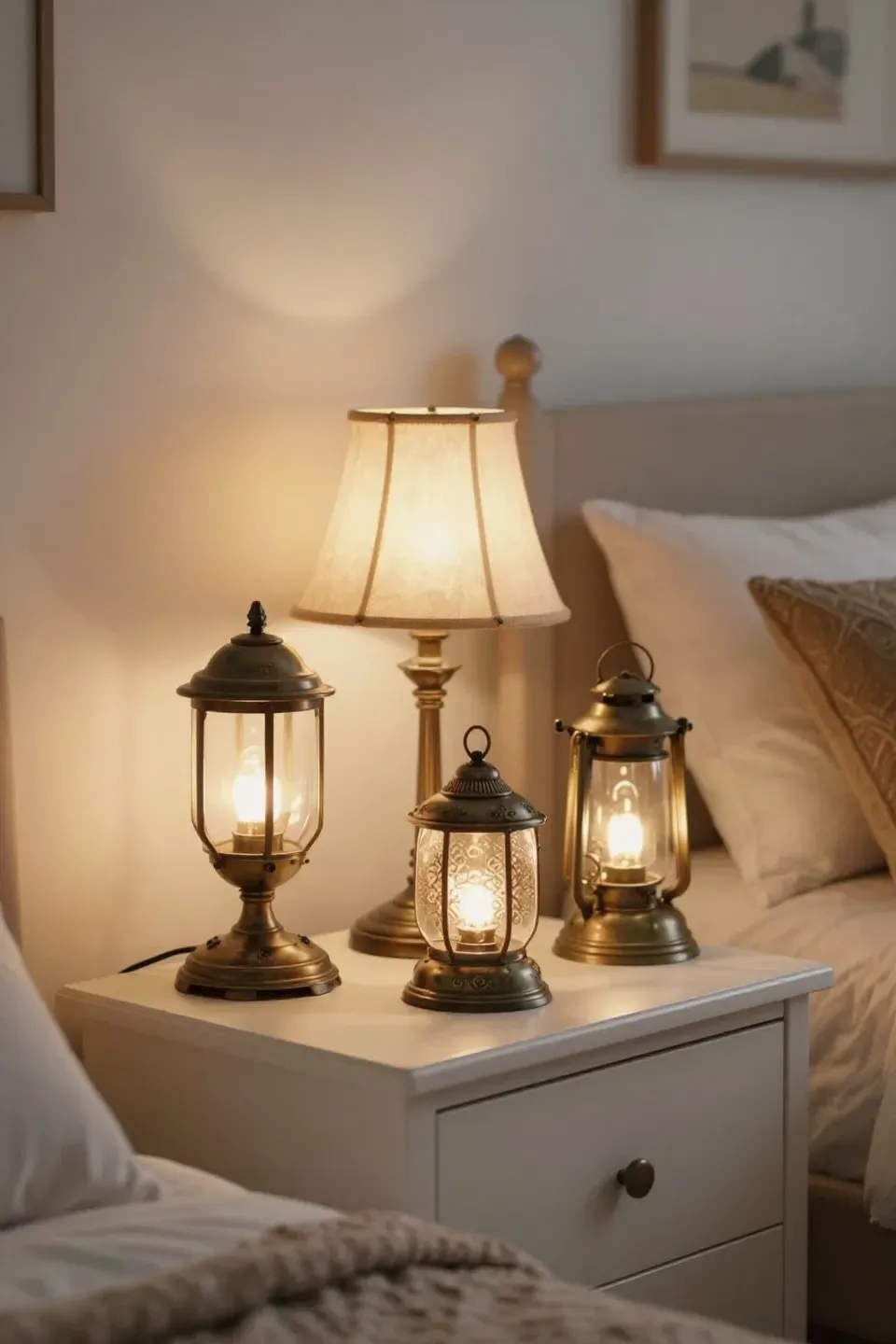 Antique lamps on a nightstand, adding character and warmth to the cozy bedroom.