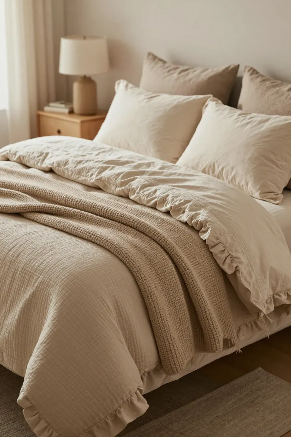 Textured bedding on a cozy bed, creating an inviting and warm atmosphere.