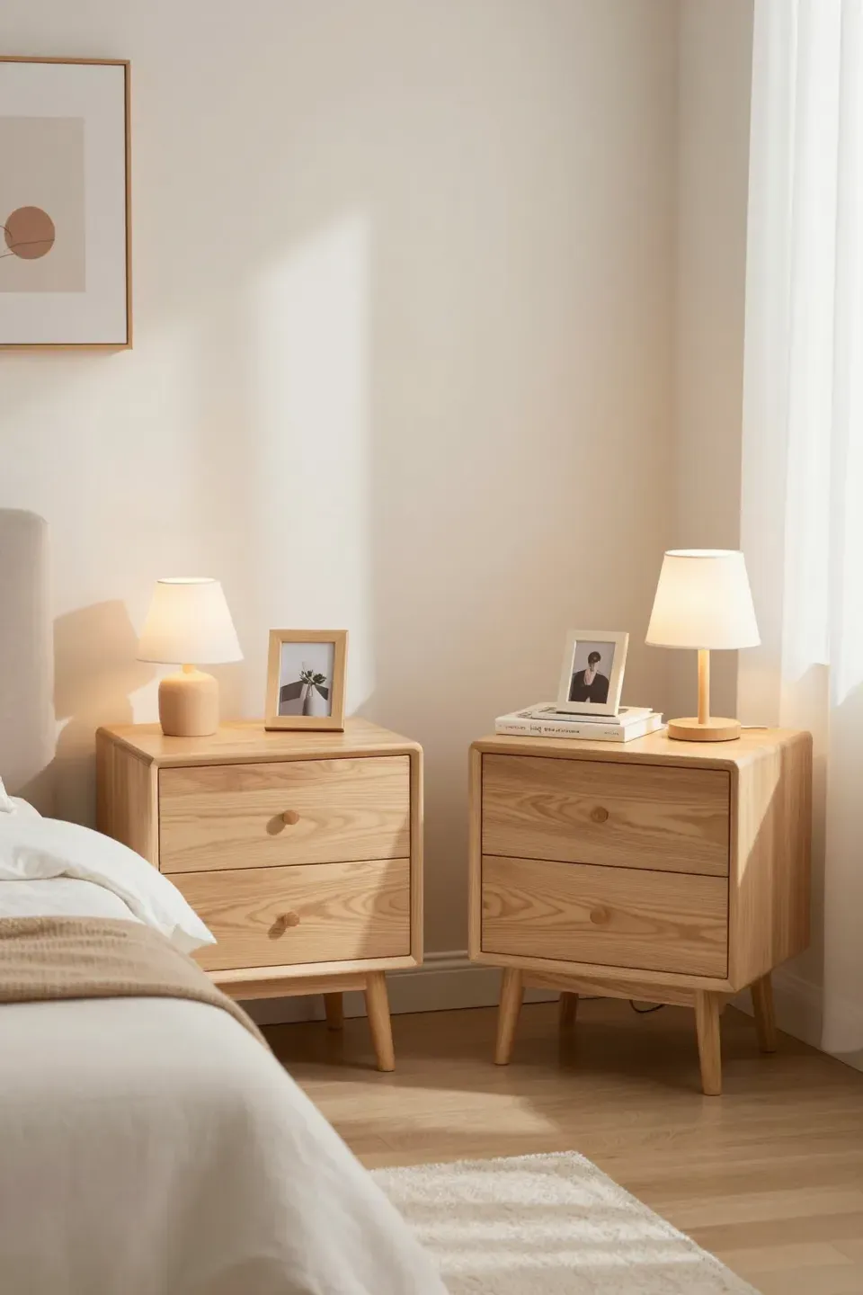 A cozy bedroom scene showcasing dual nightstands with matching decor.