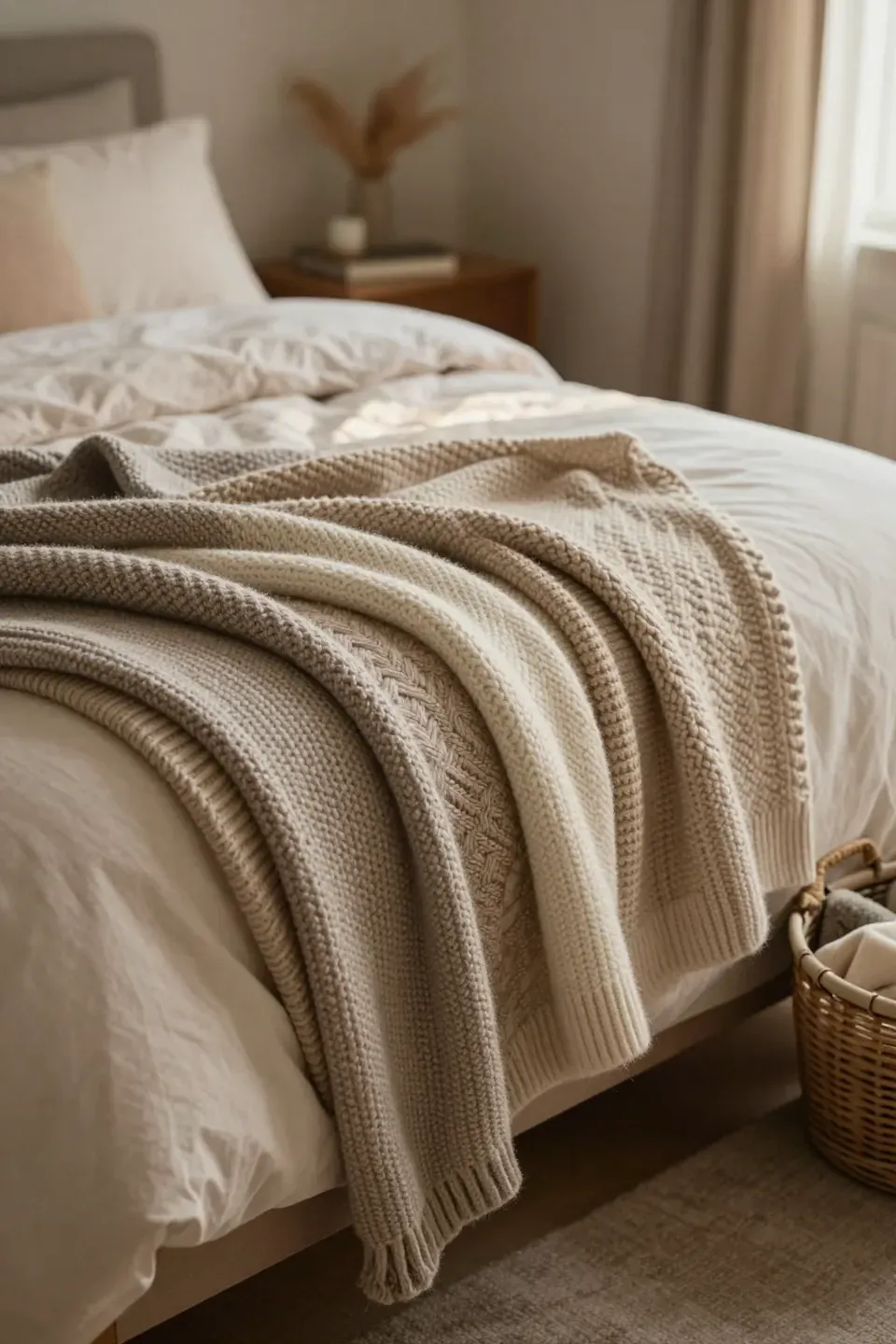 A cozy bed adorned with soft throws, inviting warmth and intimacy.