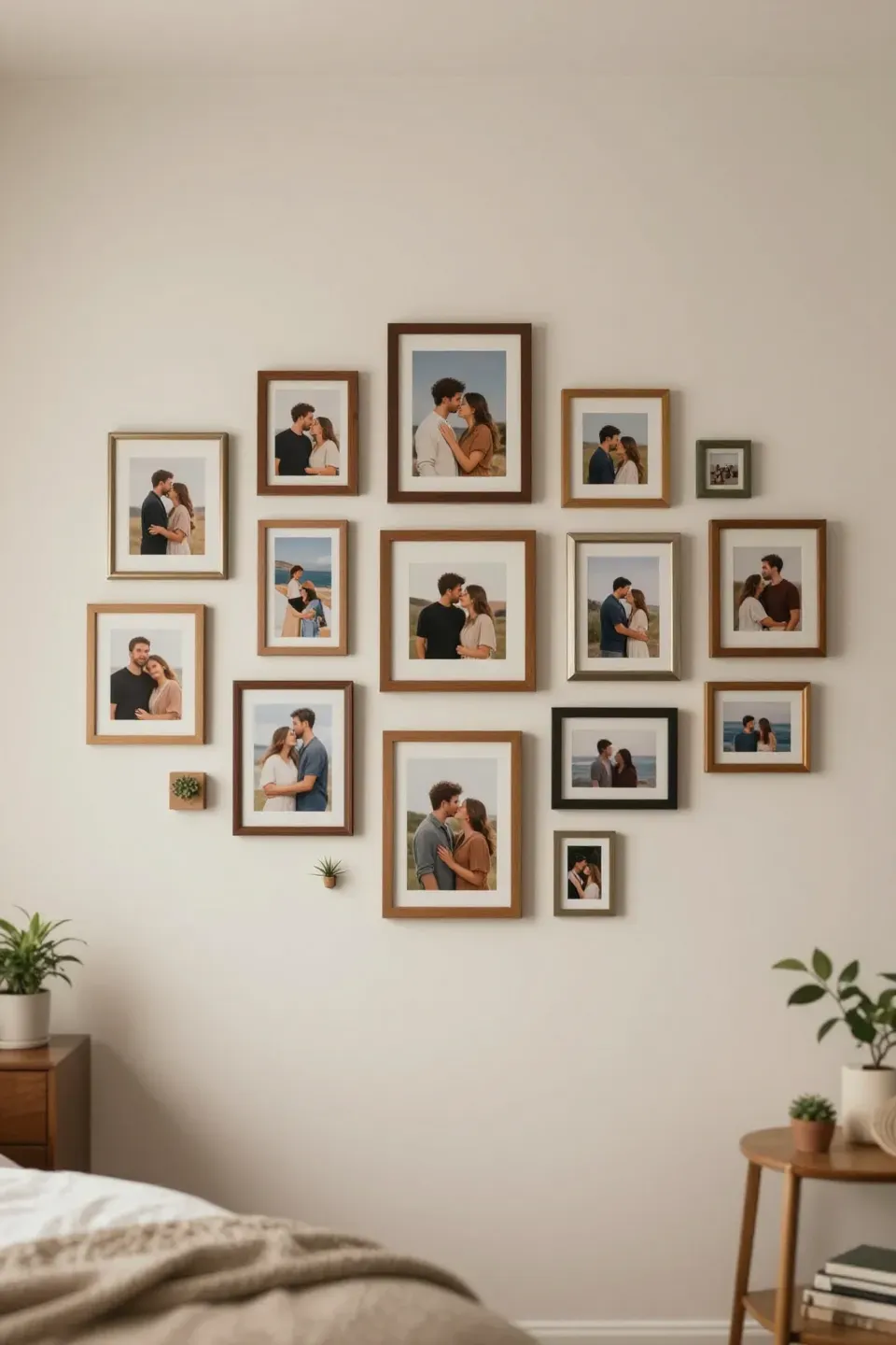 A gallery wall filled with framed photographs showcasing a couple's memories.