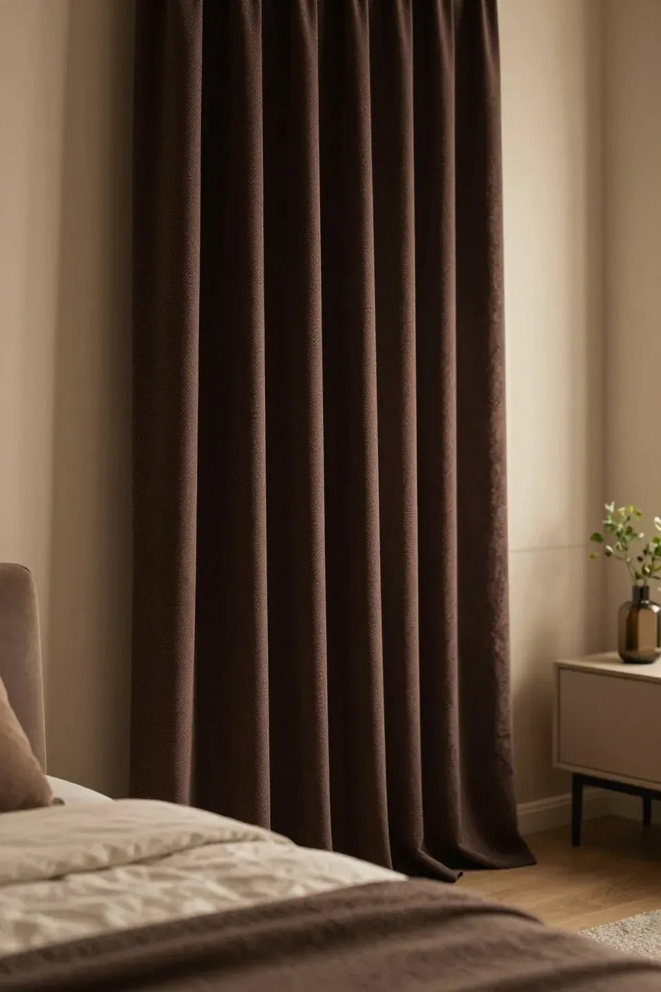 A stylish bedroom featuring dark curtains that enhance privacy and decor.