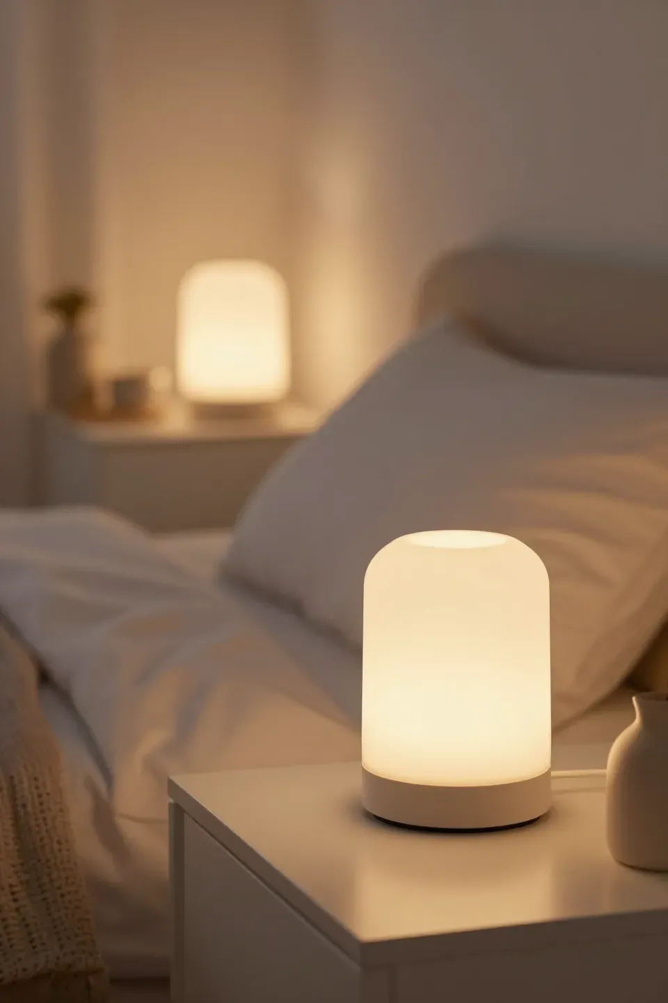 A cozy bedroom scene featuring dimmable lamps creating a romantic atmosphere.