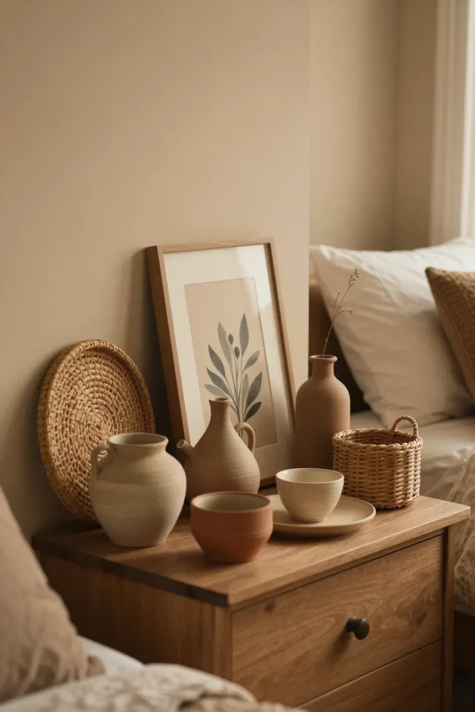 A cozy bedroom showcasing unique artisan-crafted decor that adds character.