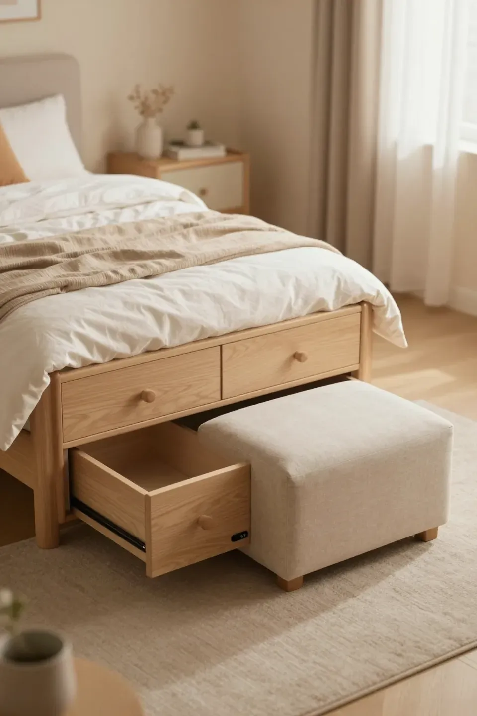A cozy bedroom showcasing multi-functional furniture that maximizes space.