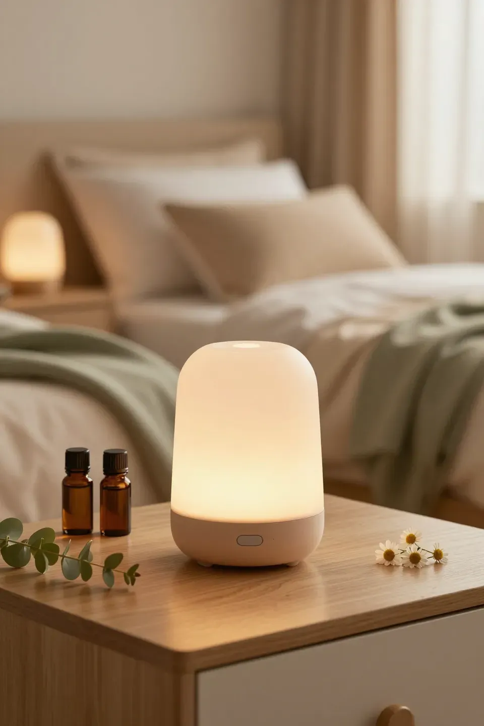 Cozy bedroom with an aromatherapy diffuser and calming decor