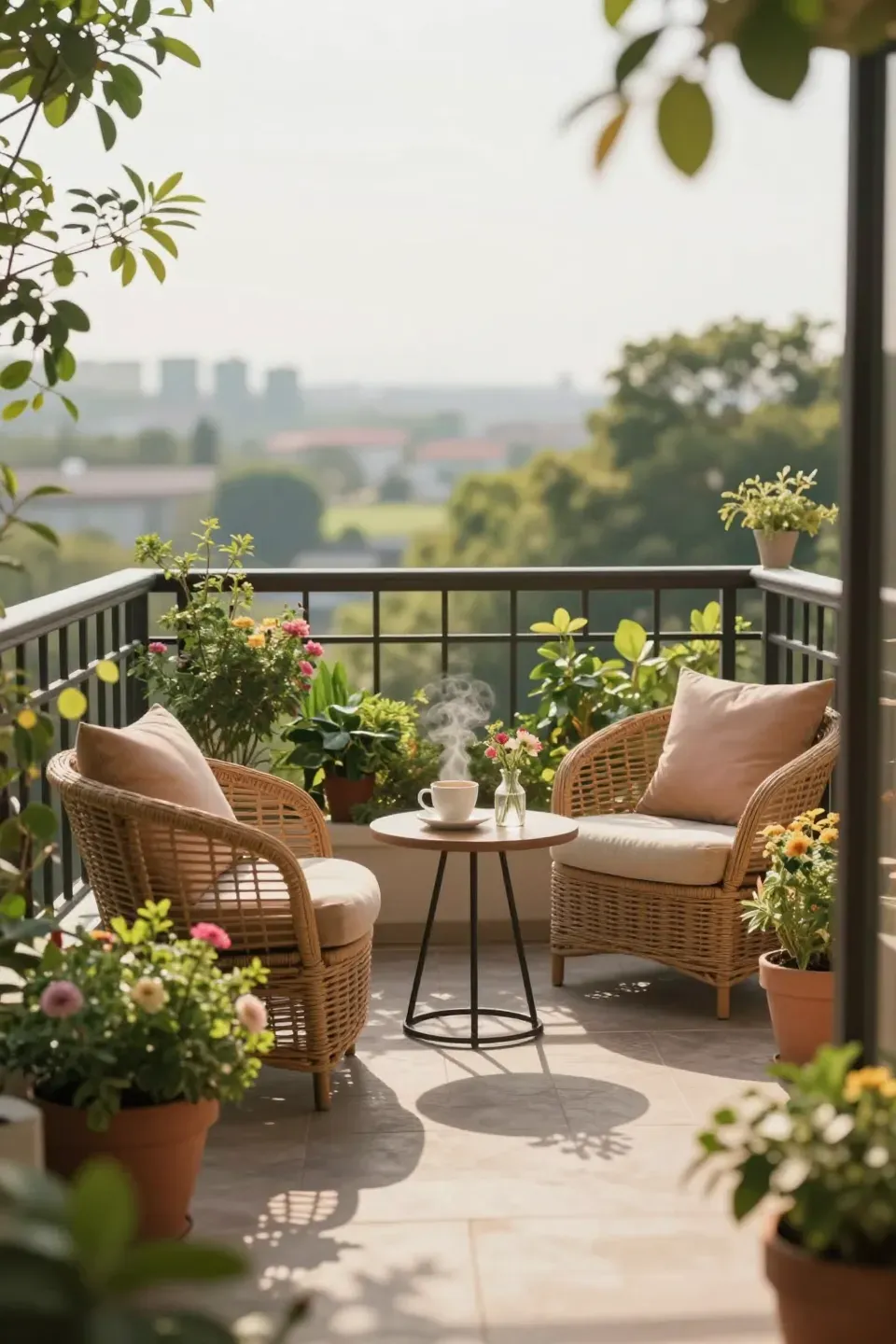 Cozy balcony with seating, plants, and a view for relaxation
