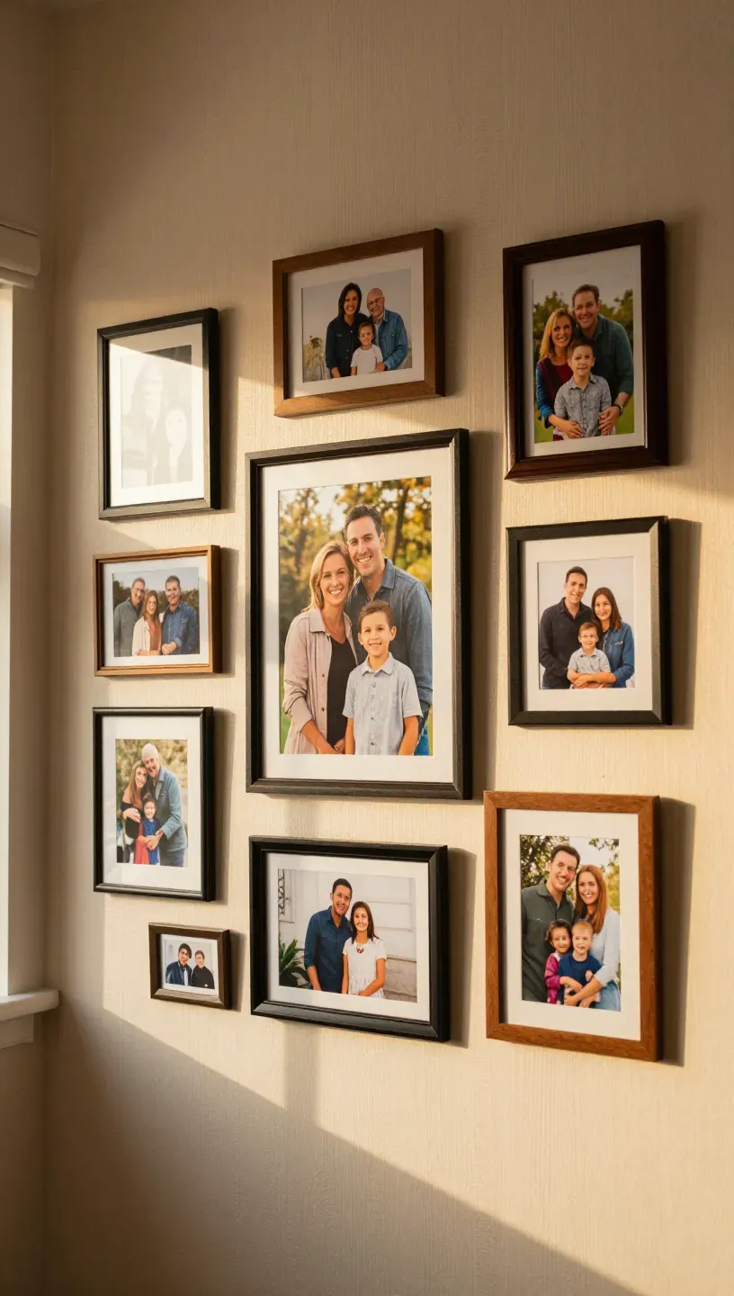 A corner gallery wall displaying family portraits in various frames.