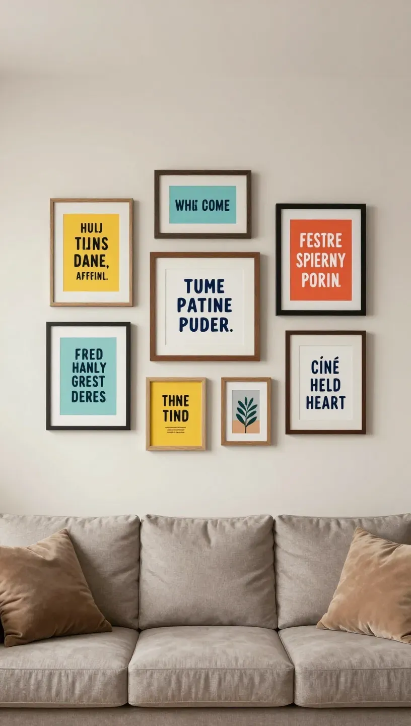 A gallery wall above a couch featuring inspirational quotes in various frames.