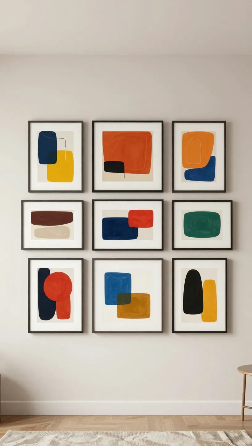 A modern gallery wall featuring abstract art pieces in bold colors.