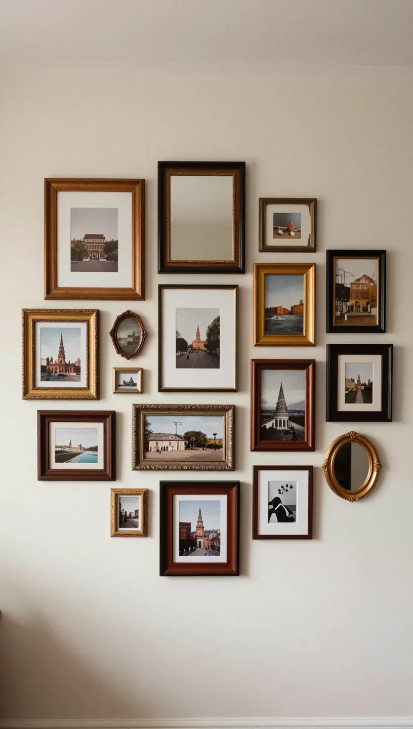 A mixed gallery wall featuring various frame styles and colors.