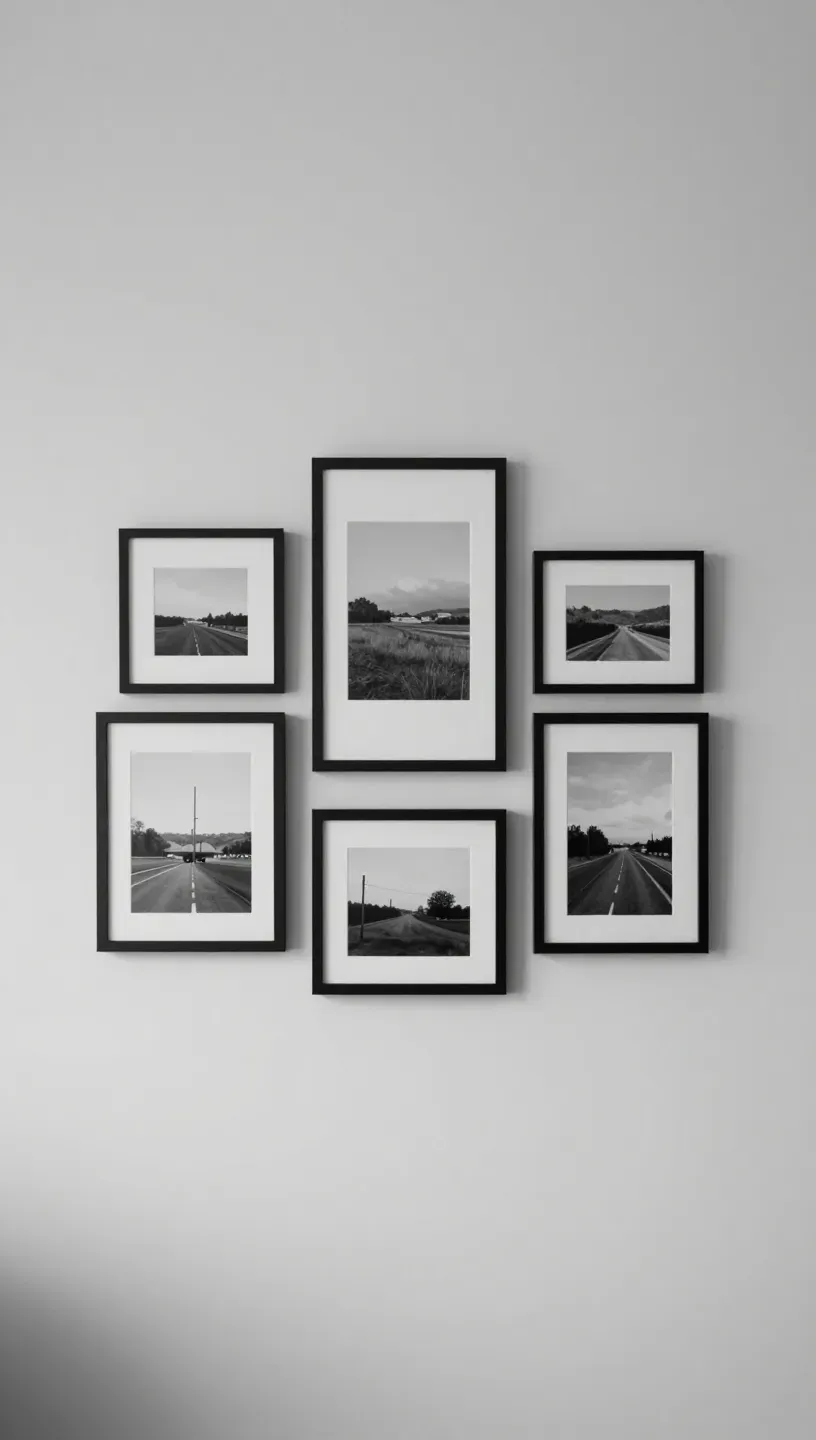 A minimalist gallery wall featuring black and white photos in sleek frames.