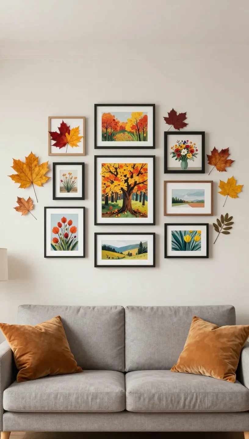 A gallery wall above a sofa featuring seasonal decor elements.