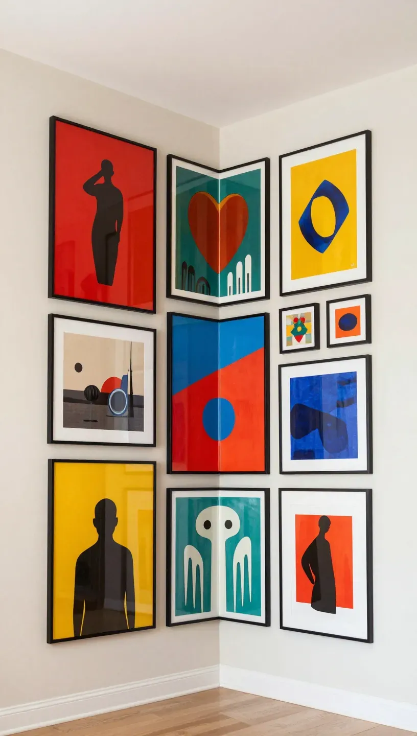 A vertical gallery wall featuring floor-to-ceiling art pieces.