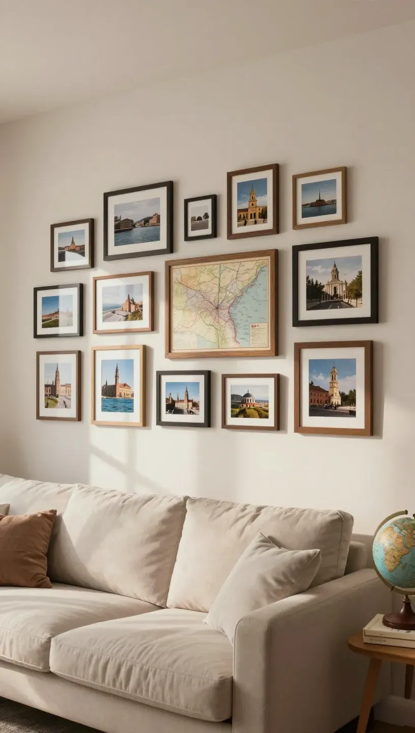 Gallery wall above a couch showcasing travel memories with framed photos and postcards.