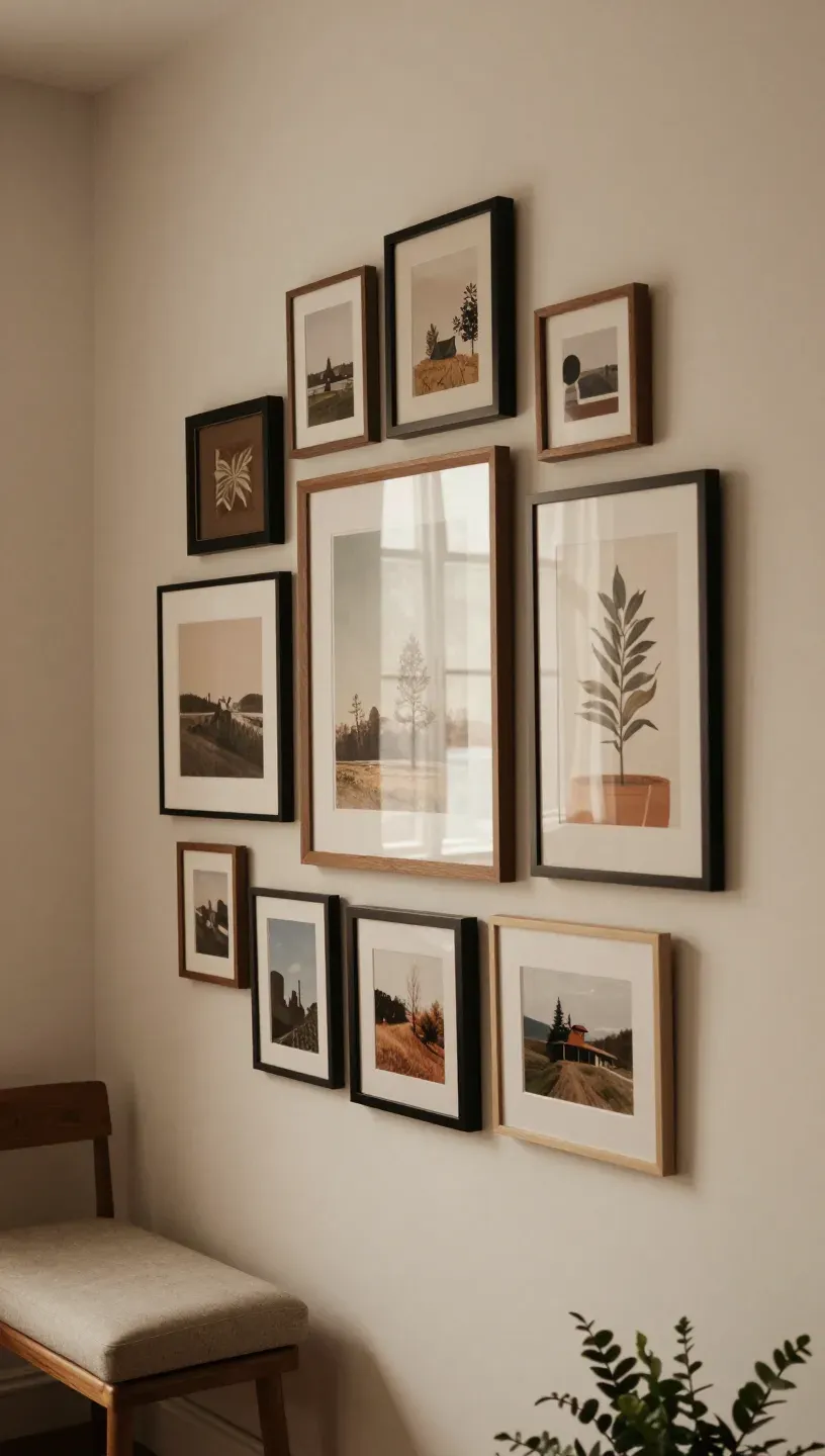 Cozy corner wall with layered frames showcasing a mix of art and photographs.