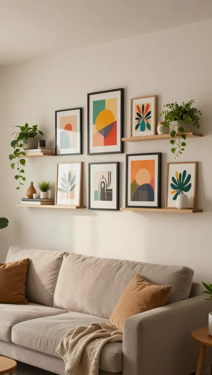 Gallery wall above a couch featuring floating shelves with decorative items and framed art.