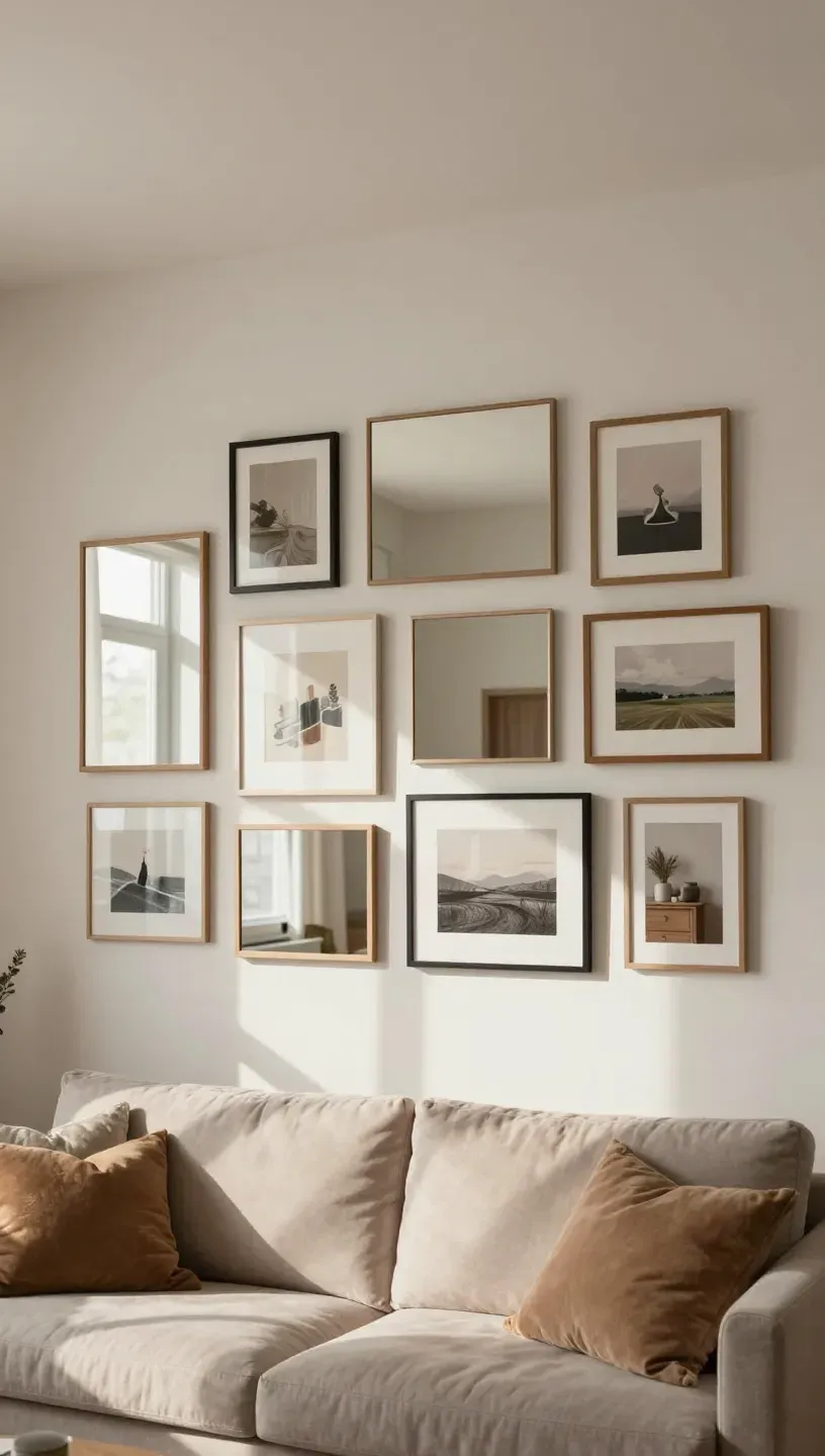 Gallery wall featuring a combination of mirrors and artwork reflecting light in a living room.