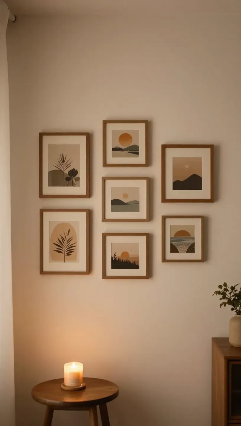 Compact gallery wall layout in a cozy corner featuring a few favorite art pieces.