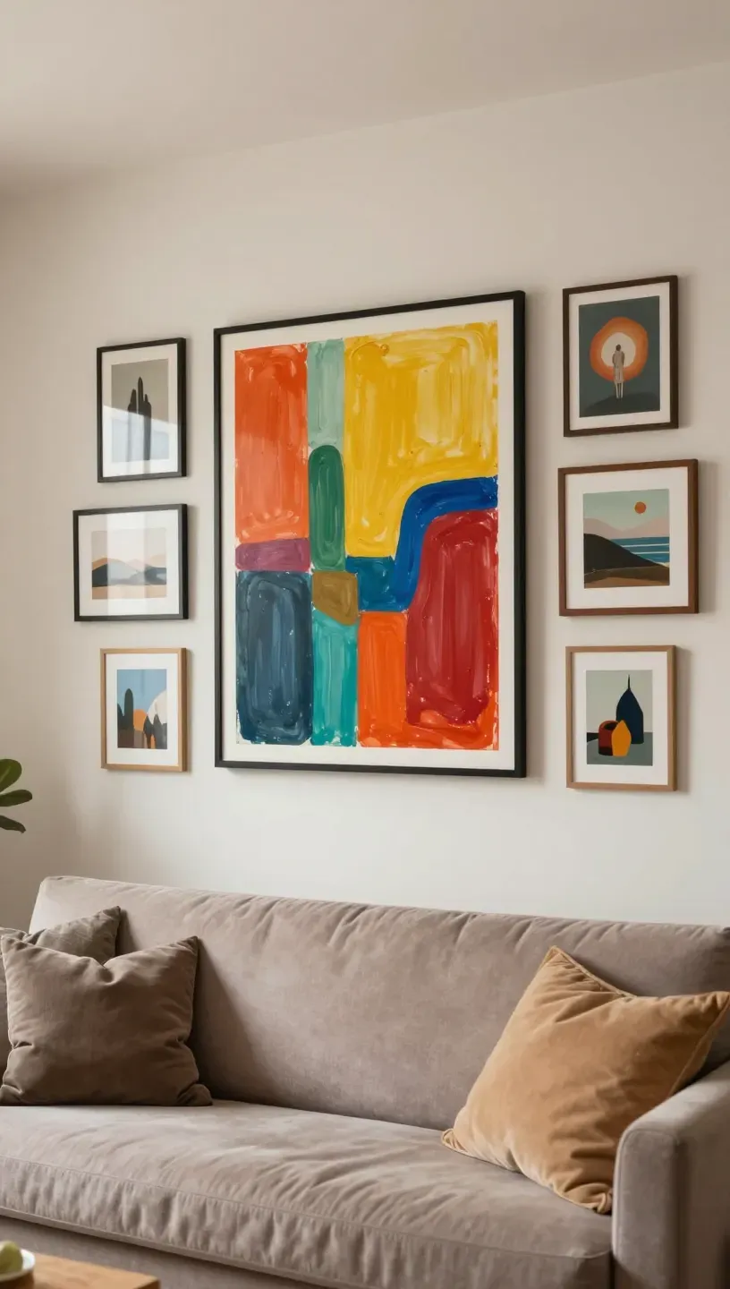 Gallery wall above a couch featuring a large central artwork surrounded by smaller pieces.