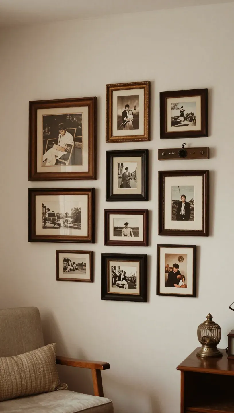 Eclectic corner gallery wall featuring vintage frames and nostalgic items.