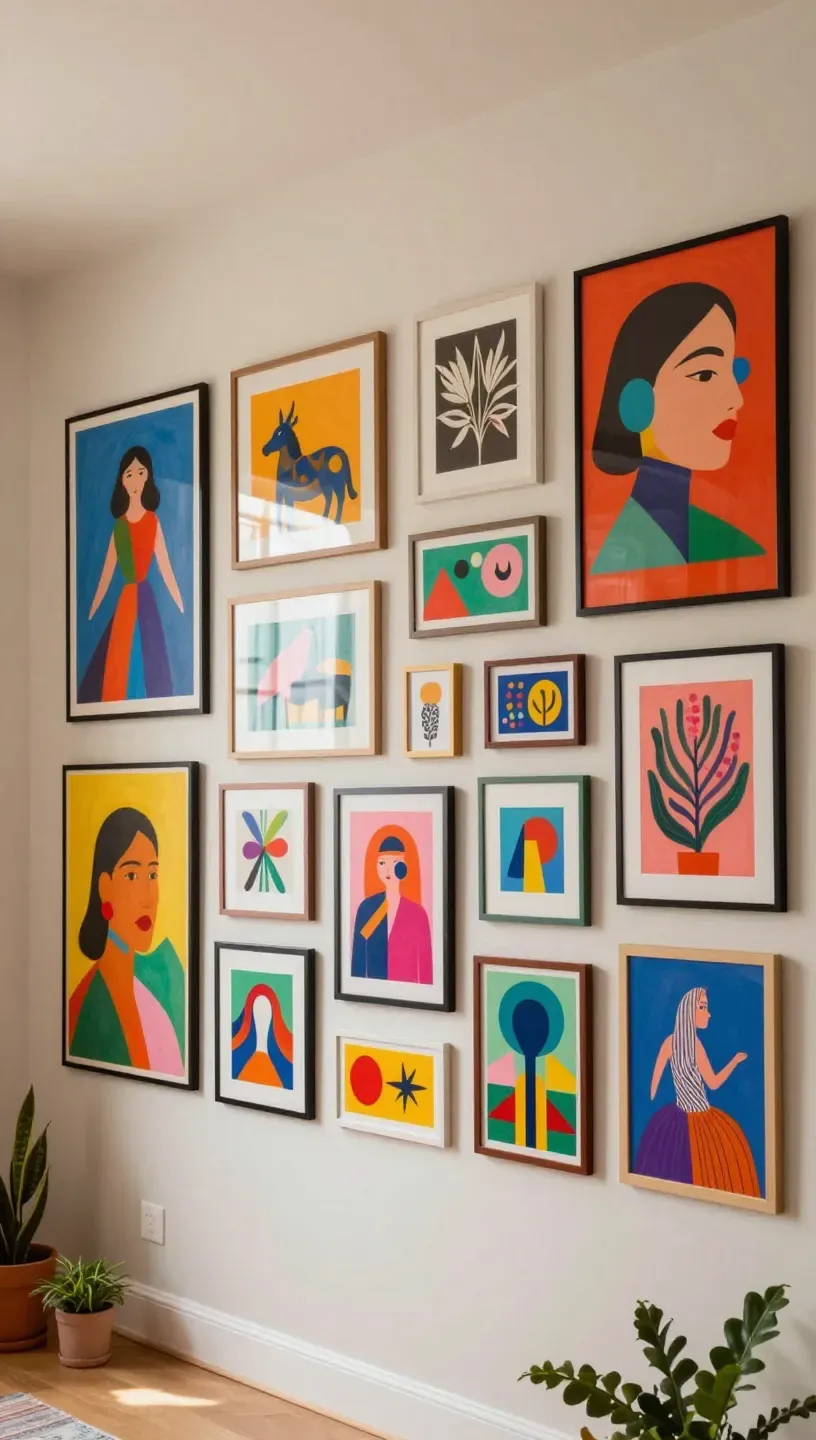 Vibrant gallery wall with an eclectic mix of colorful artwork in a living room.