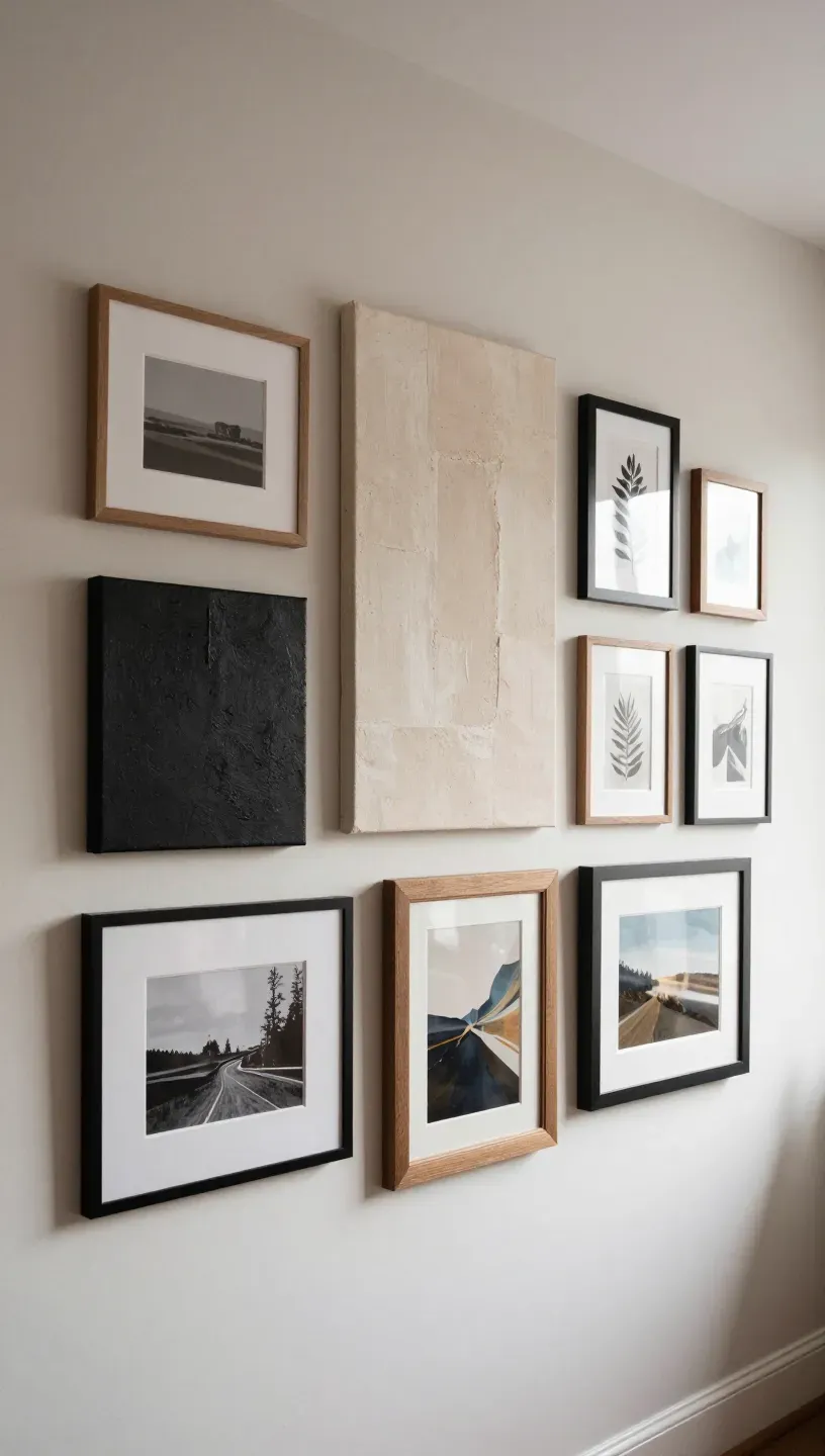Gallery wall featuring a mix of canvas art and framed prints in a stylish living room.