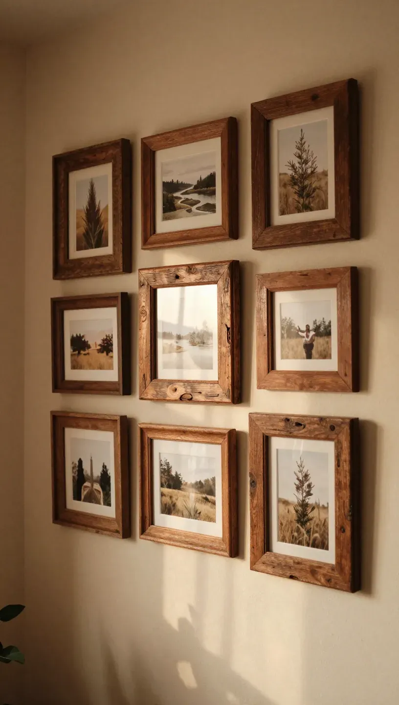 Cozy corner gallery wall featuring rustic wooden frames and nature-themed artwork.