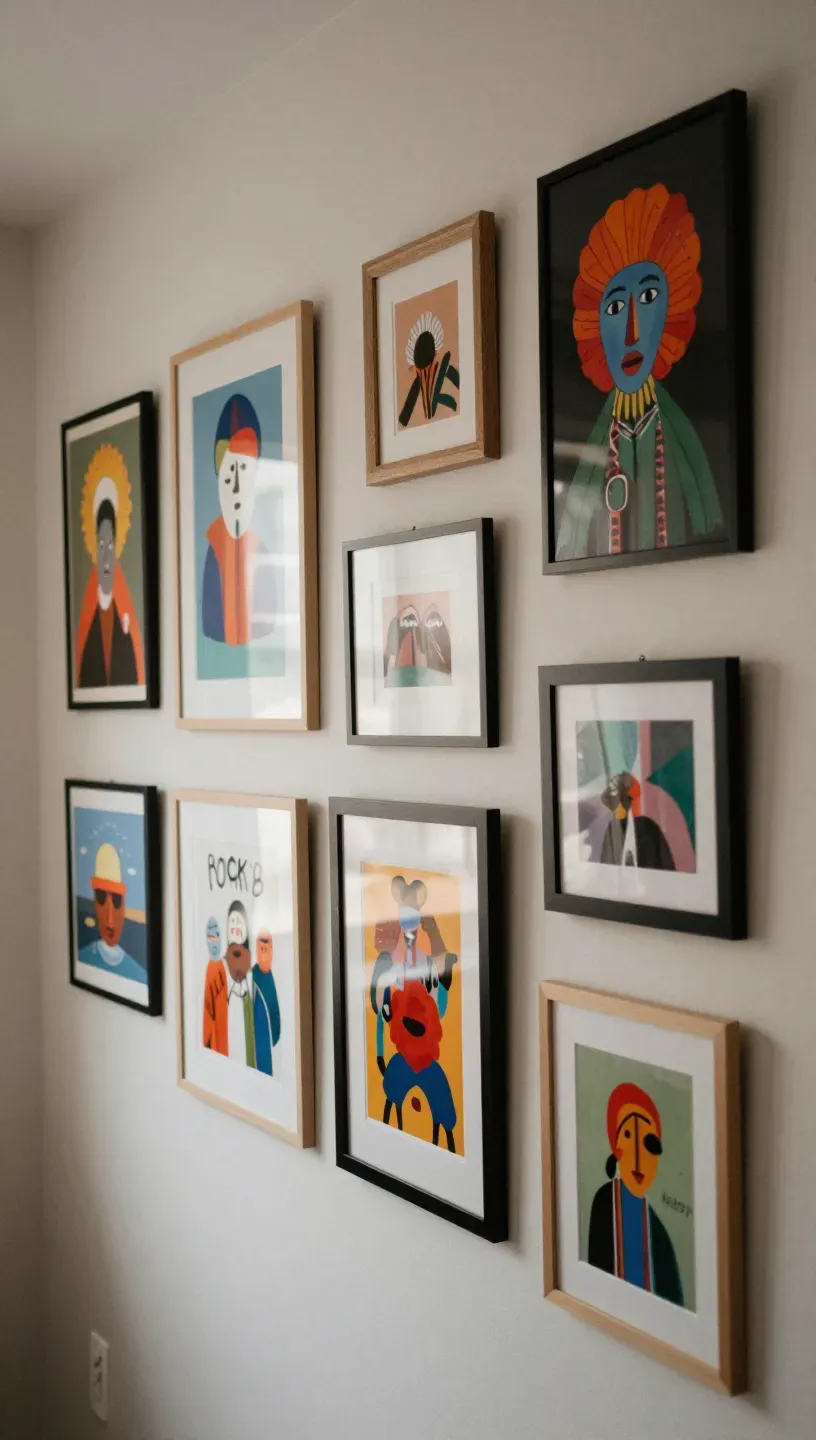 Gallery wall featuring diverse artwork from local artists in a stylish living room.