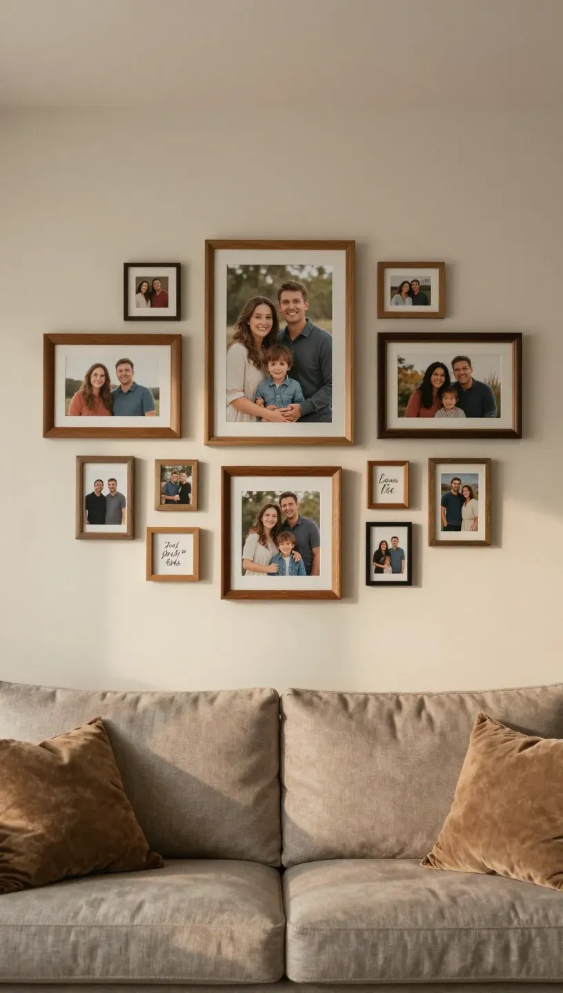 Gallery wall above a sofa featuring framed family photos and milestones.