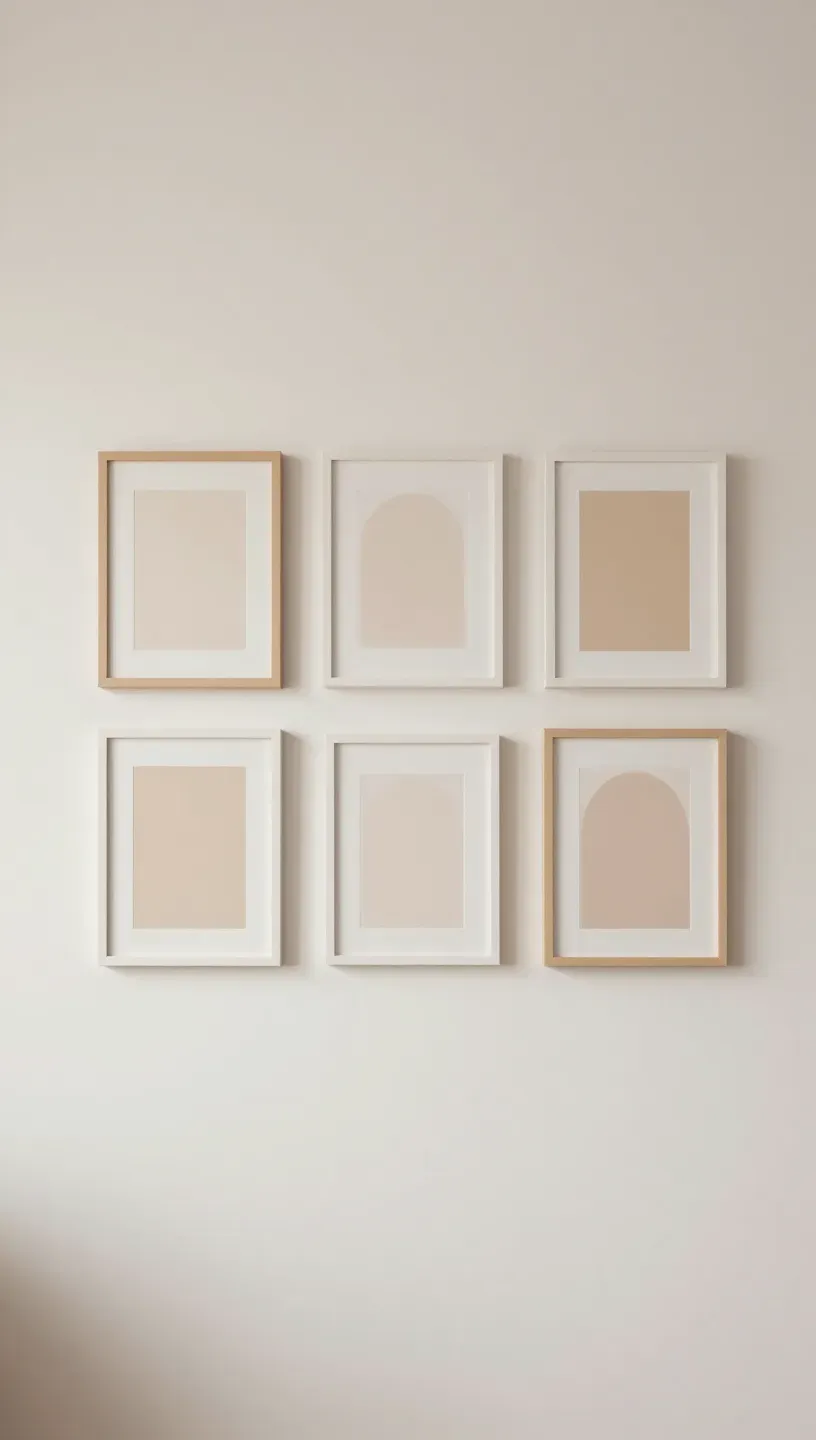 Minimalist gallery wall featuring artwork in a single color palette.