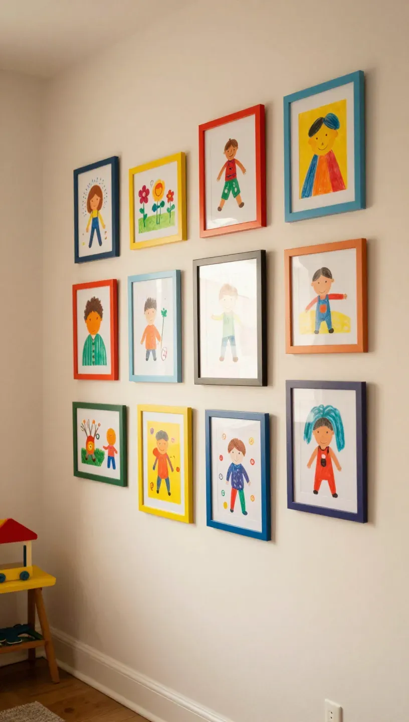 Colorful corner gallery wall displaying children's artwork in a living room.