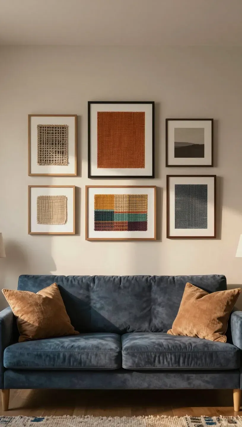 Cozy living room with a gallery wall above a couch featuring textured fabrics and framed art.