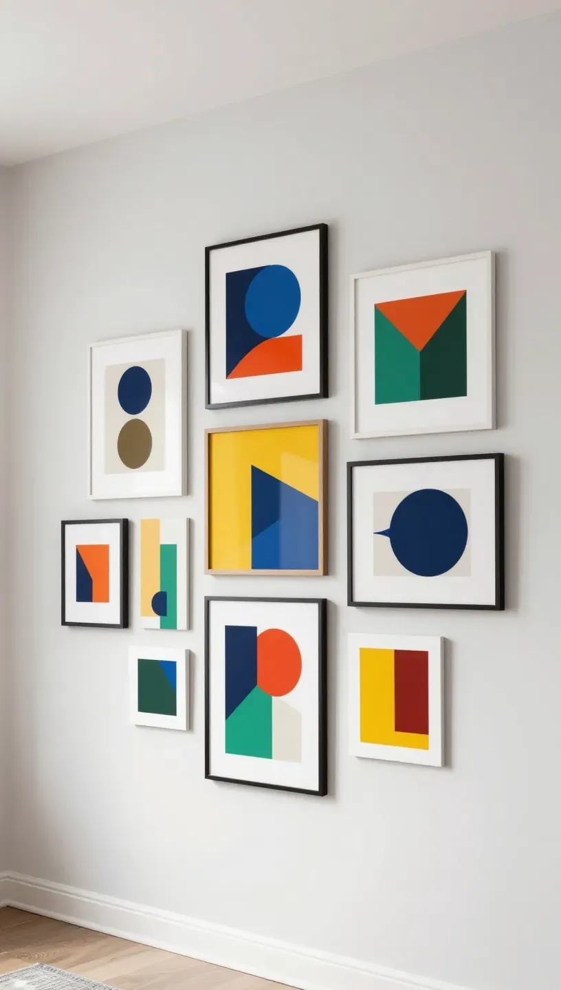Contemporary gallery wall with geometric arrangement of colorful art pieces.