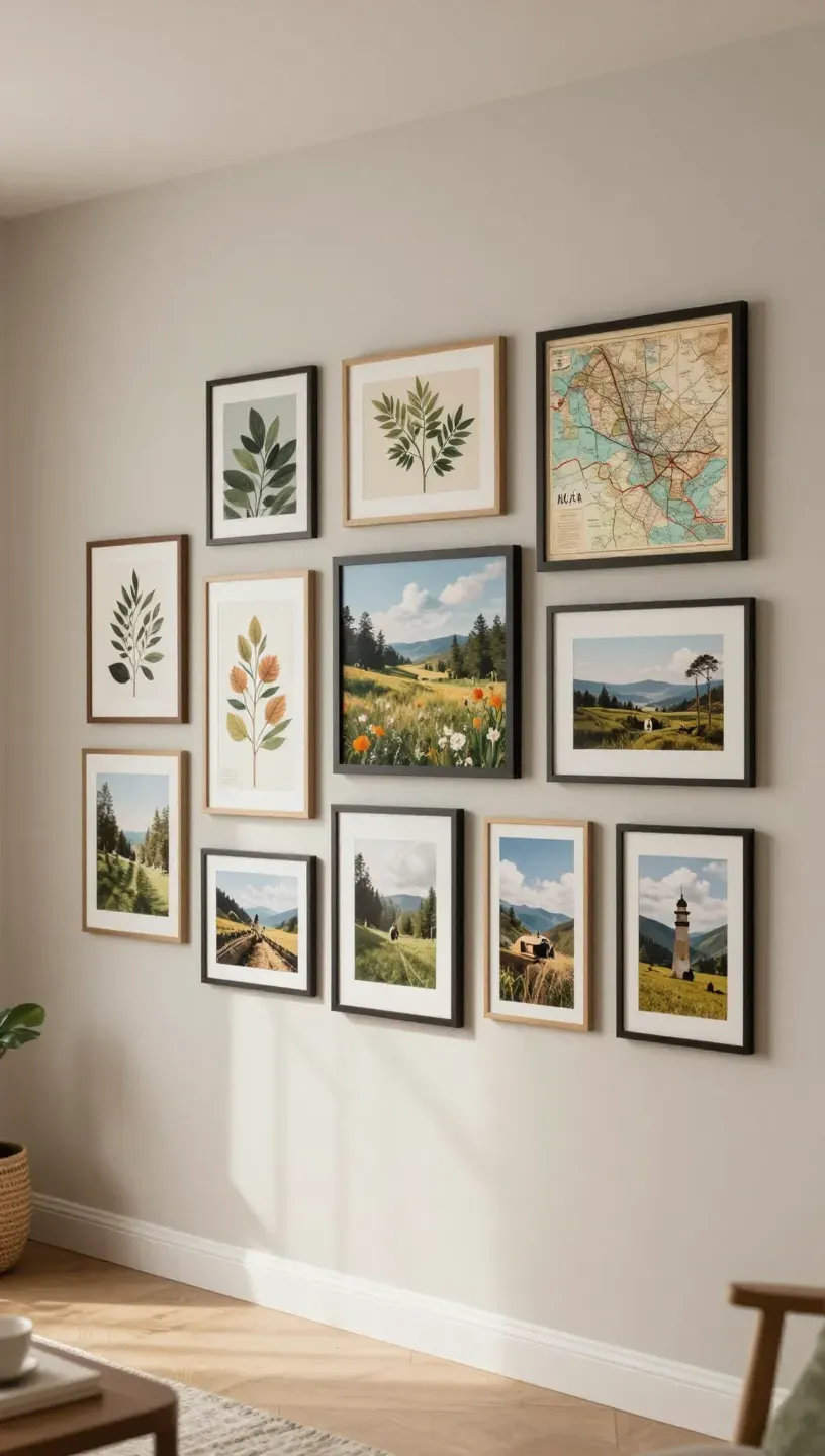 Themed gallery wall showcasing nature or travel art and photographs.
