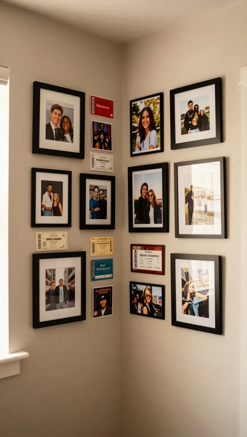 Corner gallery wall featuring personal mementos and framed photographs.