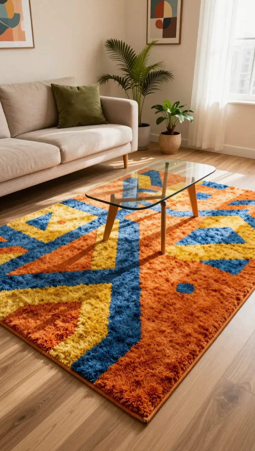 Living room featuring a vibrant shag rug with bold geometric patterns.