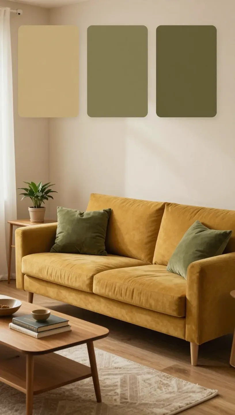 Cozy living room featuring a mustard sofa and olive green cushions.