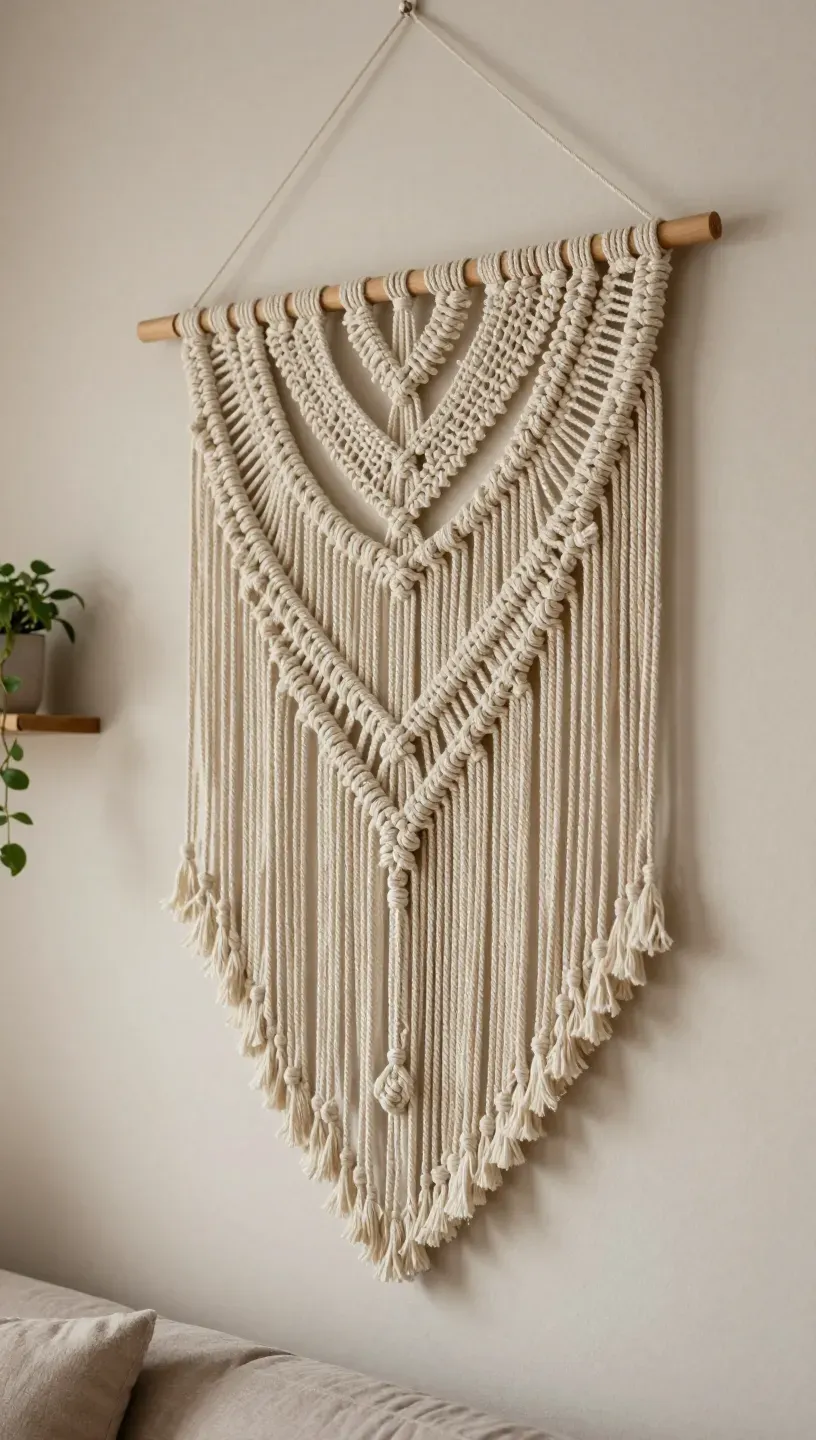 Living room featuring intricate macrame wall hangings adding texture.