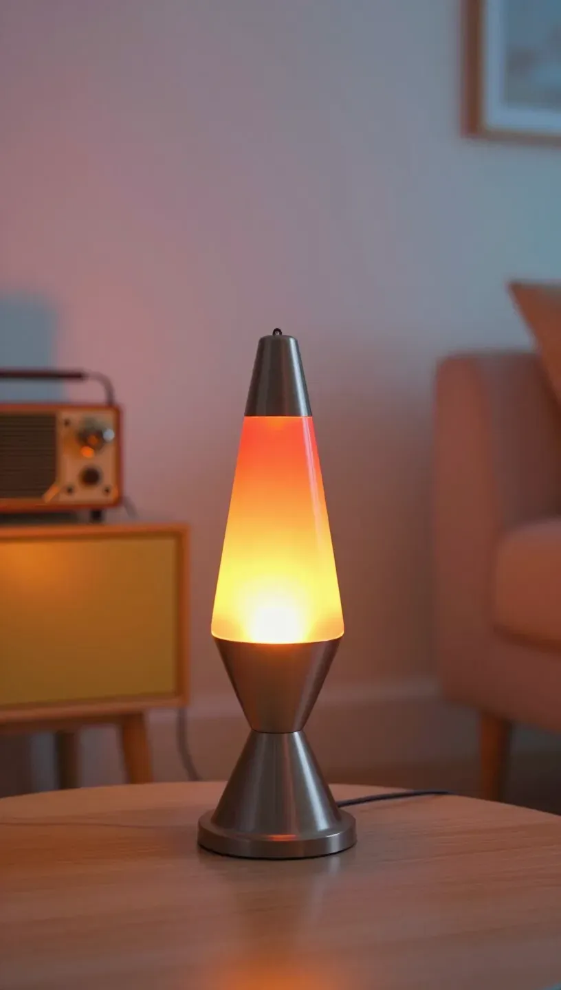 Living room featuring colorful lava lamps adding whimsical lighting.