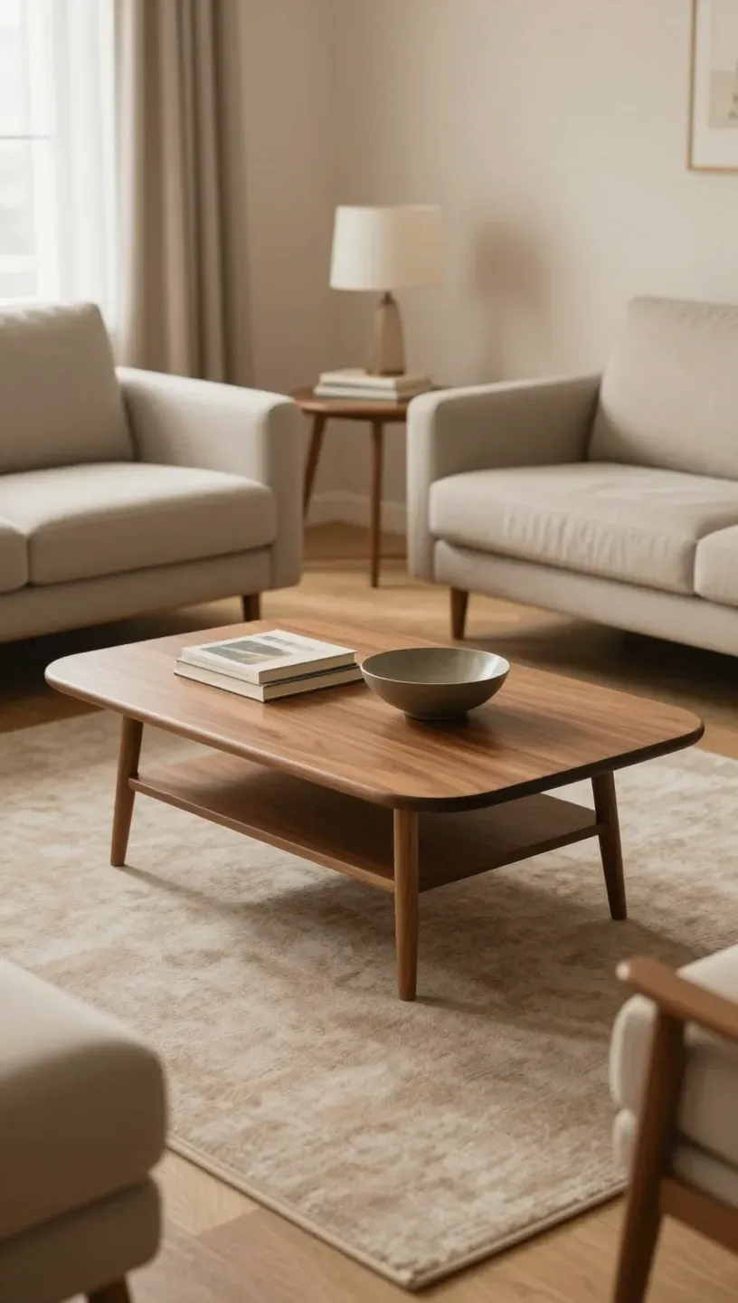 Living room featuring a stylish mid-century modern coffee table.