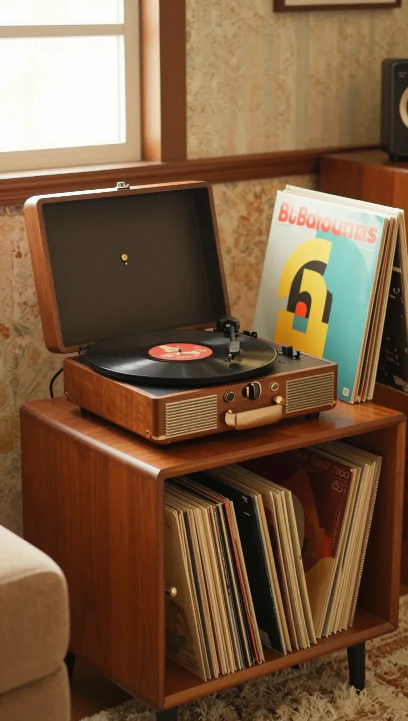 A vintage record player on a side table with vinyl records in a cozy living room.