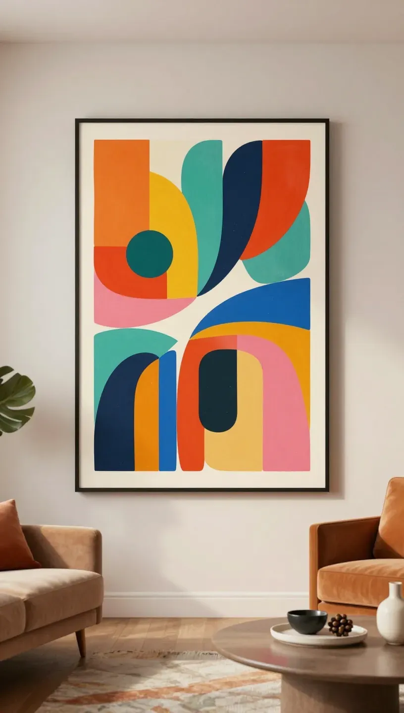 A large abstract art piece on a wall in a retro-inspired living room.