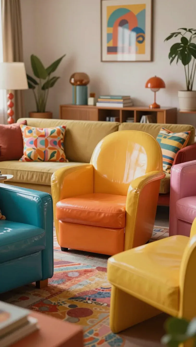 An eclectic arrangement of colorful retro vinyl seating in a living room.