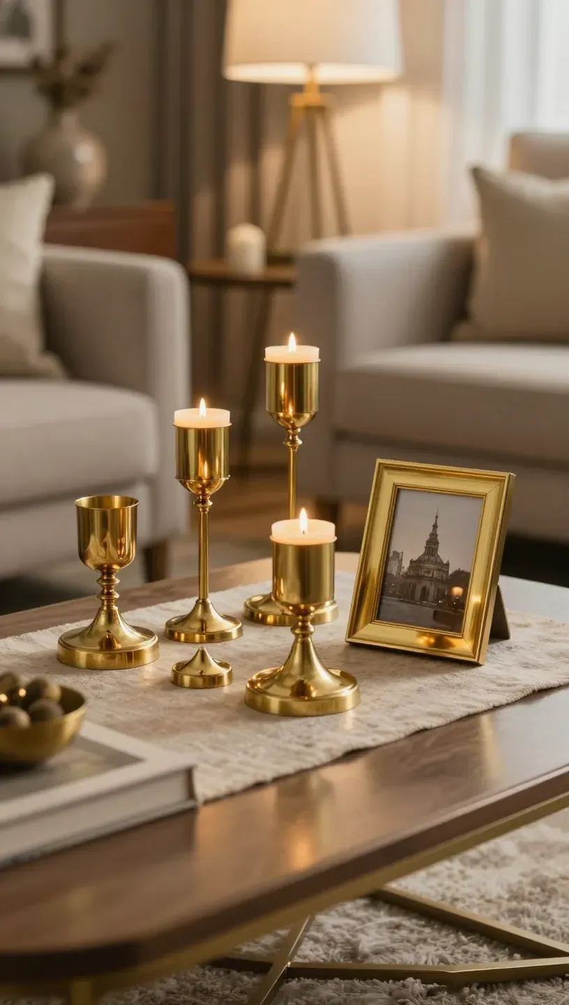 A collection of brass accessories on a coffee table in a stylish living room.