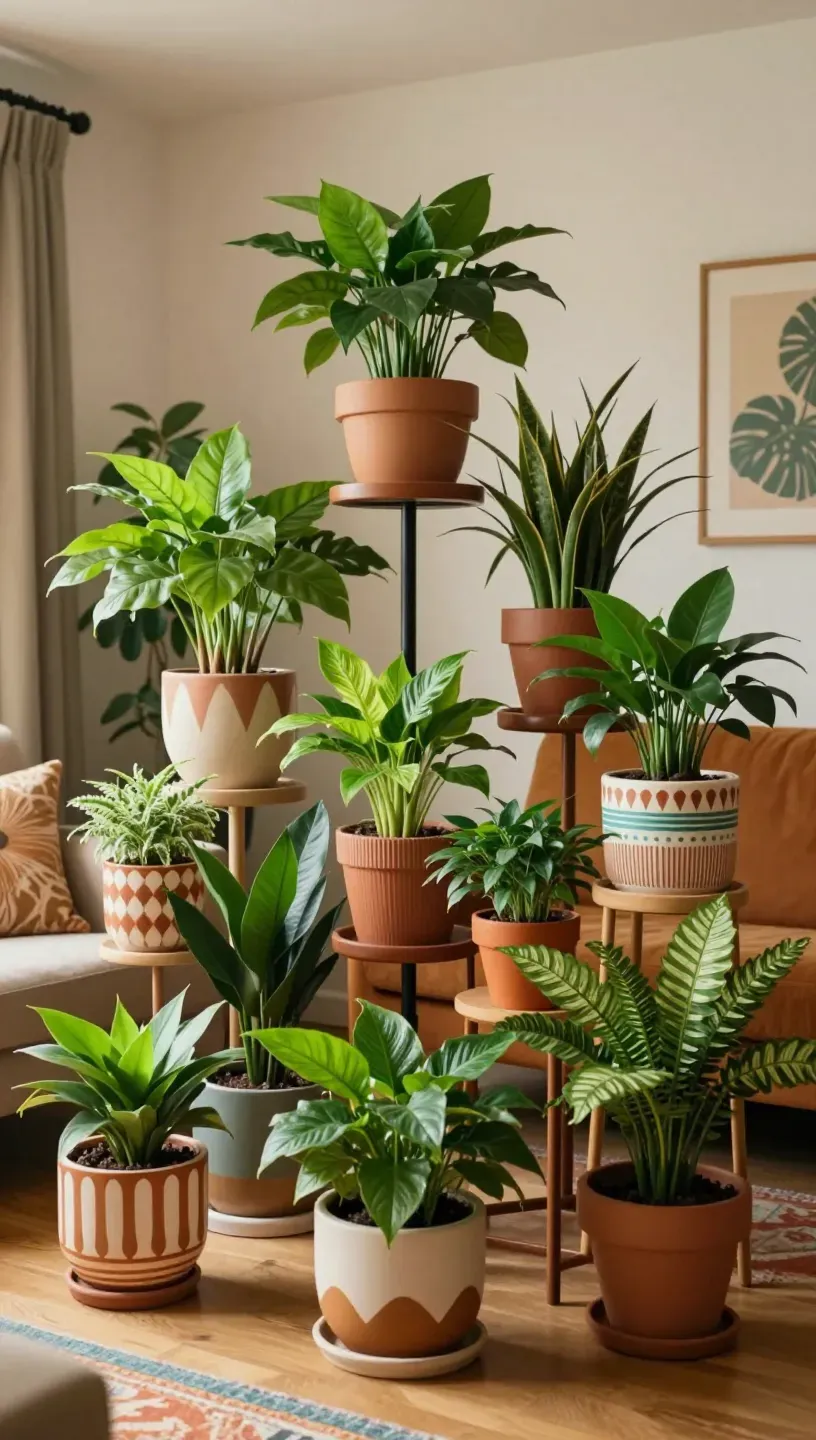A display of plants on decorative stands in a vibrant living room.